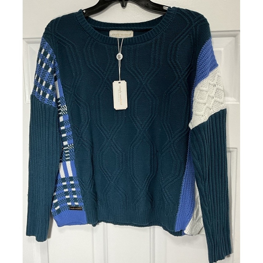 Simply Southern Teal/Blue/White Chunky Knit Checkered Sweater Women's XL